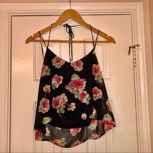 Black and pink floral crop top adjustable straps